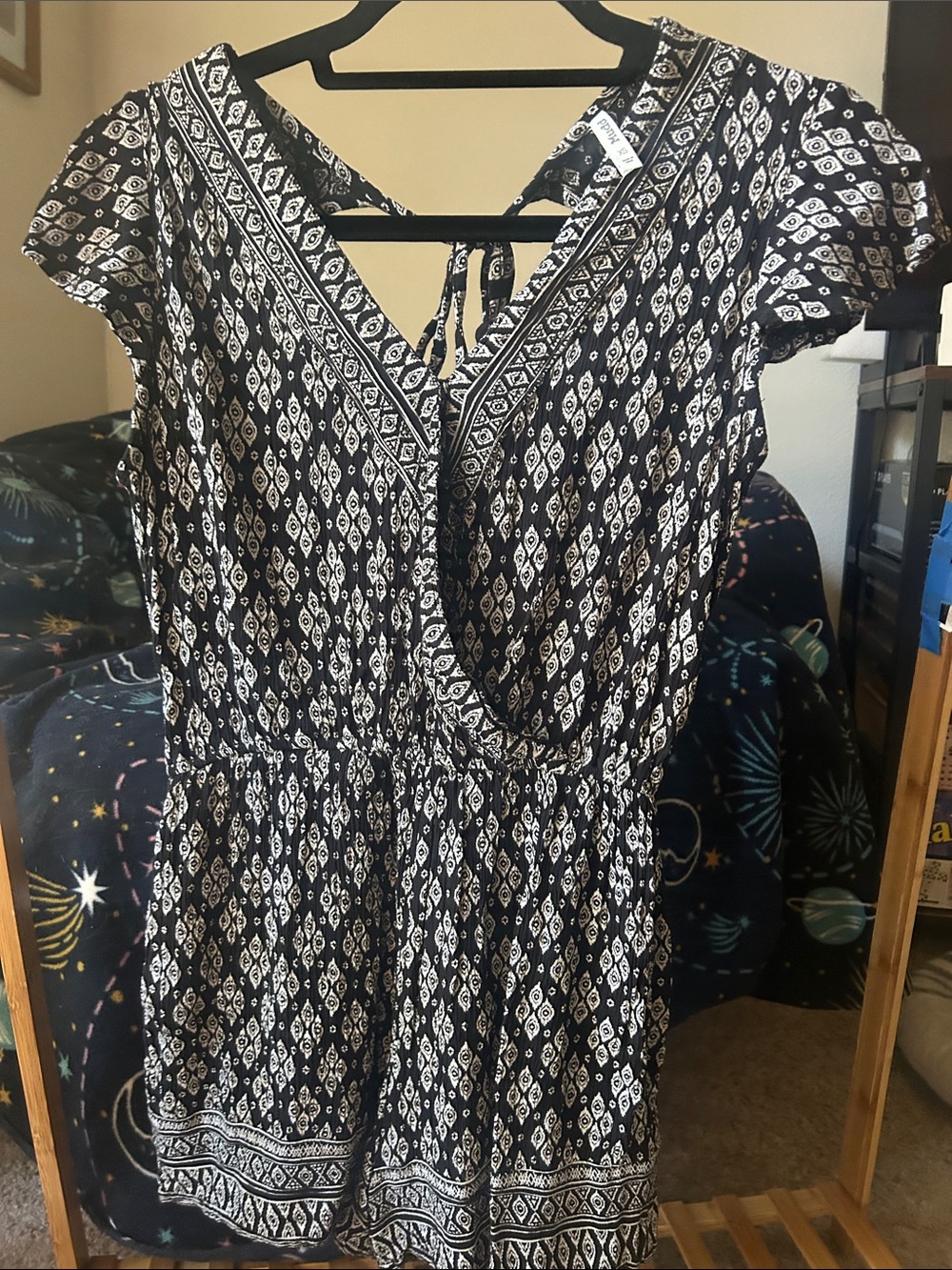 Mudd Black and White Printed Romper with snap front Tie Back